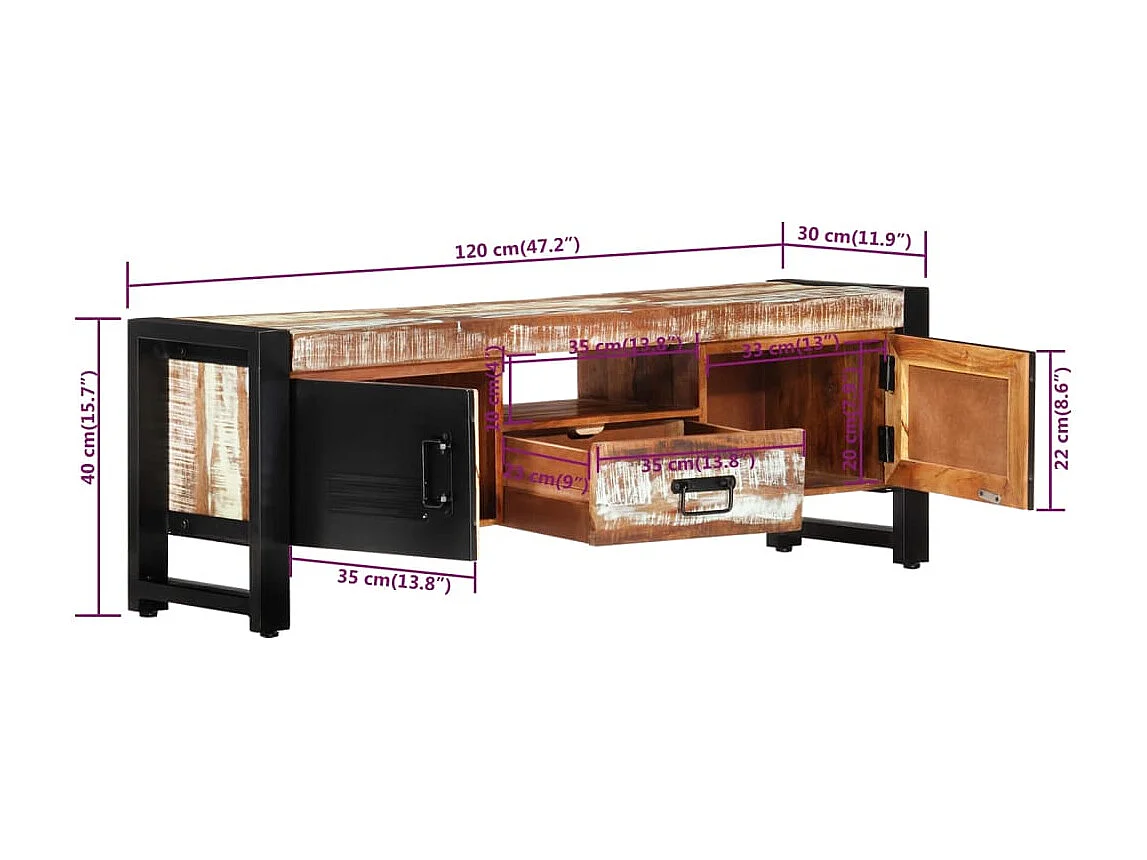 Mueble de TV madera maciza reciclada 120x30x40 cm