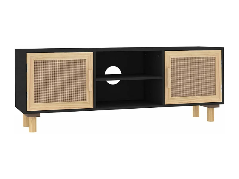 Meuble TV Noir 105x30x40cm Bois de pin massif et rotin naturel
