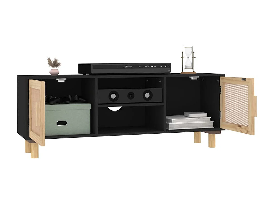 Tv-meubel 105x30x40 cm massief grenenhout en rattan zwart
