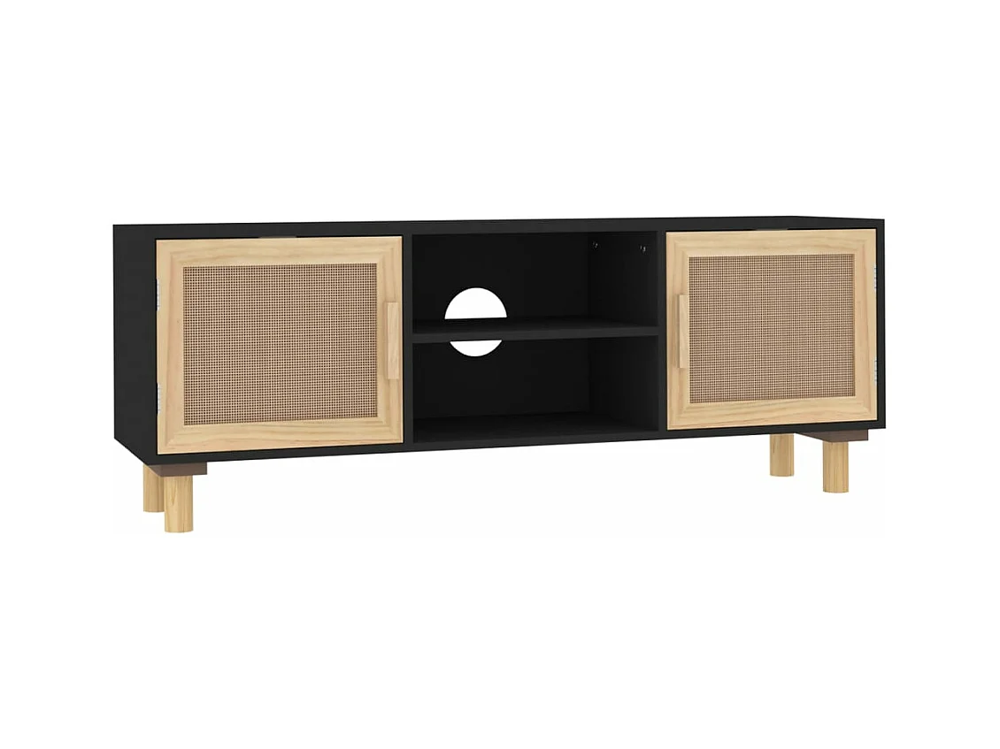 Meuble TV Noir 105x30x40cm Bois de pin massif et rotin naturel