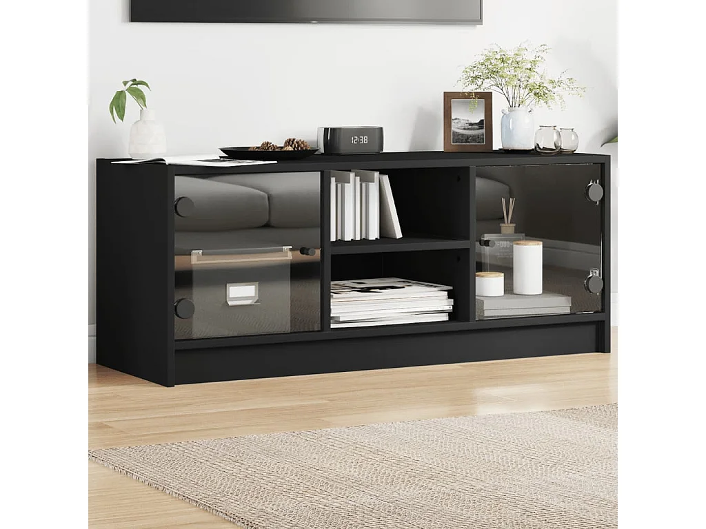 Móvel de TV c/ portas de vidro 102x37x42 cm preto