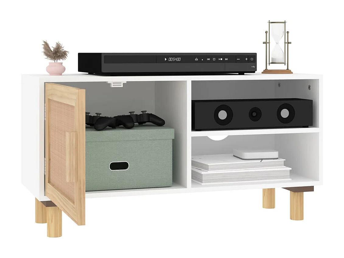 Meuble TV Blanc 80x30x40 cm Bois de pin massif et rotin naturel