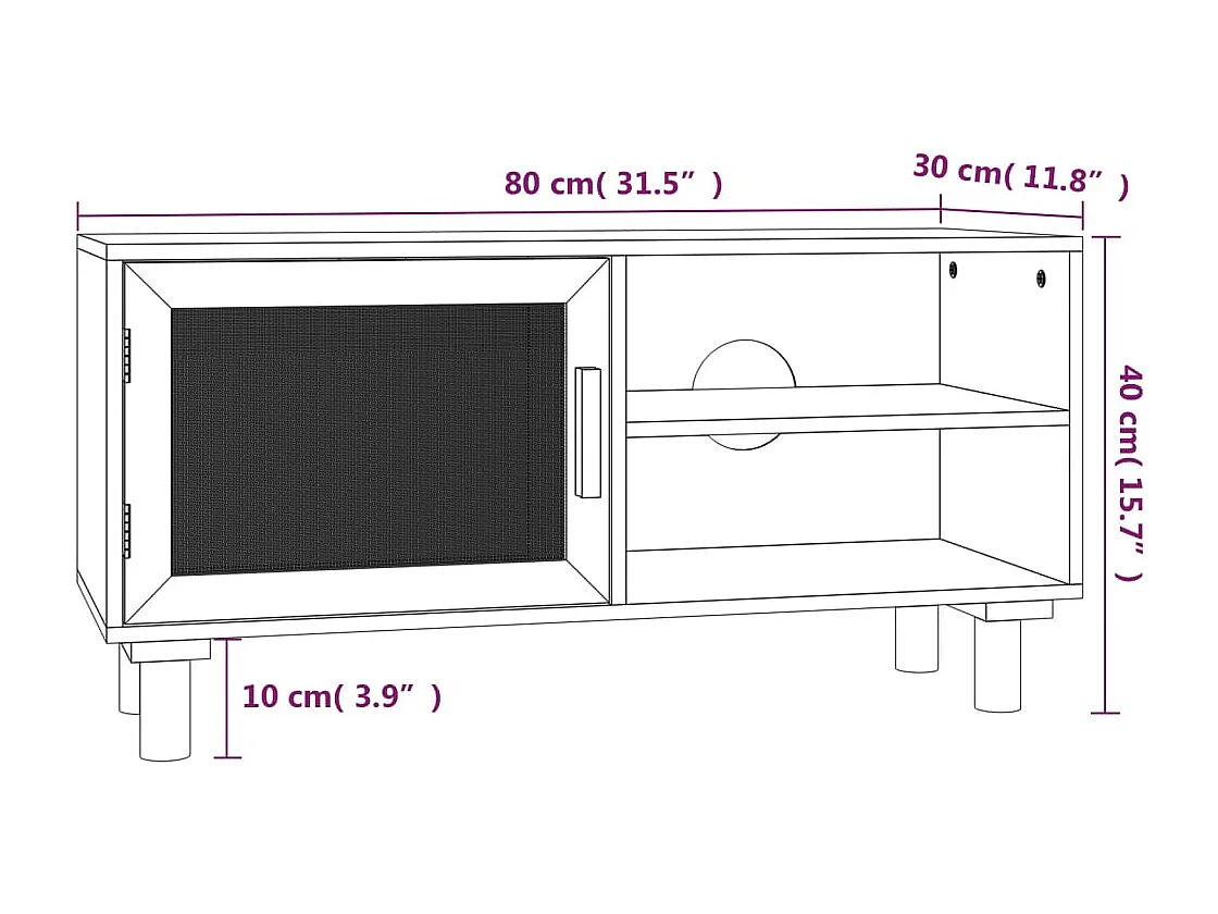 Meuble TV Blanc 80x30x40 cm Bois de pin massif et rotin naturel