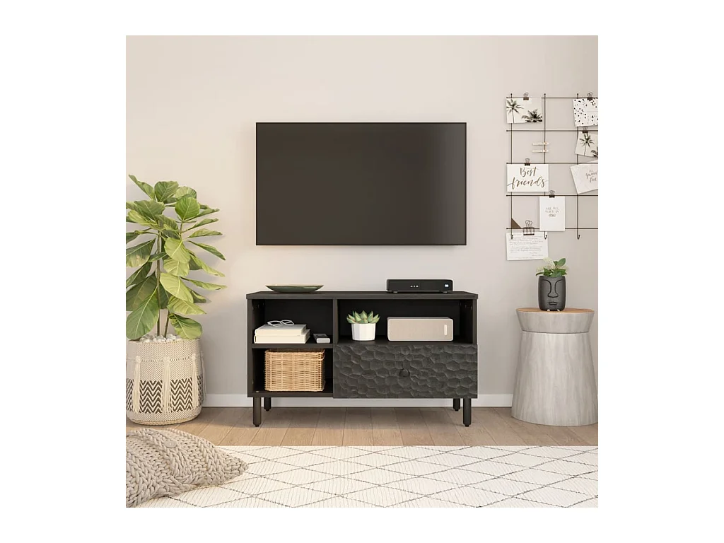 Mueble de TV madera maciza de mango negro 80x33x46 cm