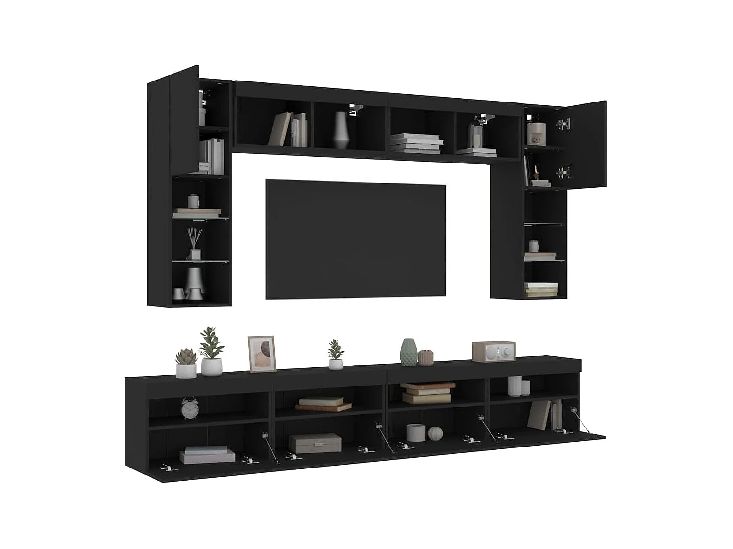Mueble de pared de TV con luces LED 8 piezas negro