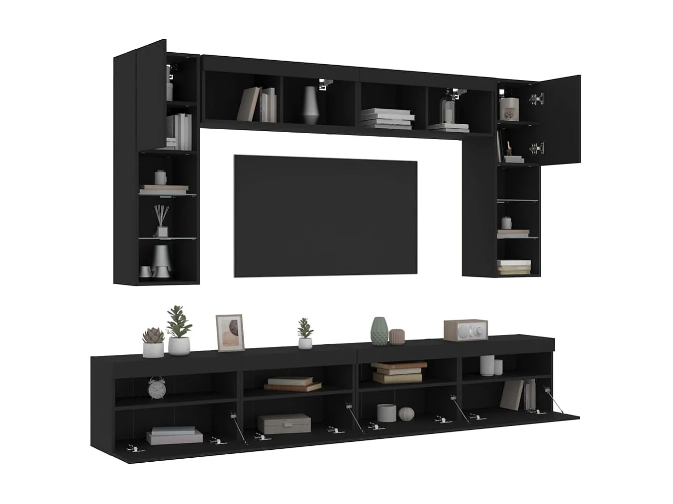 Mueble de pared de TV con luces LED 8 piezas negro