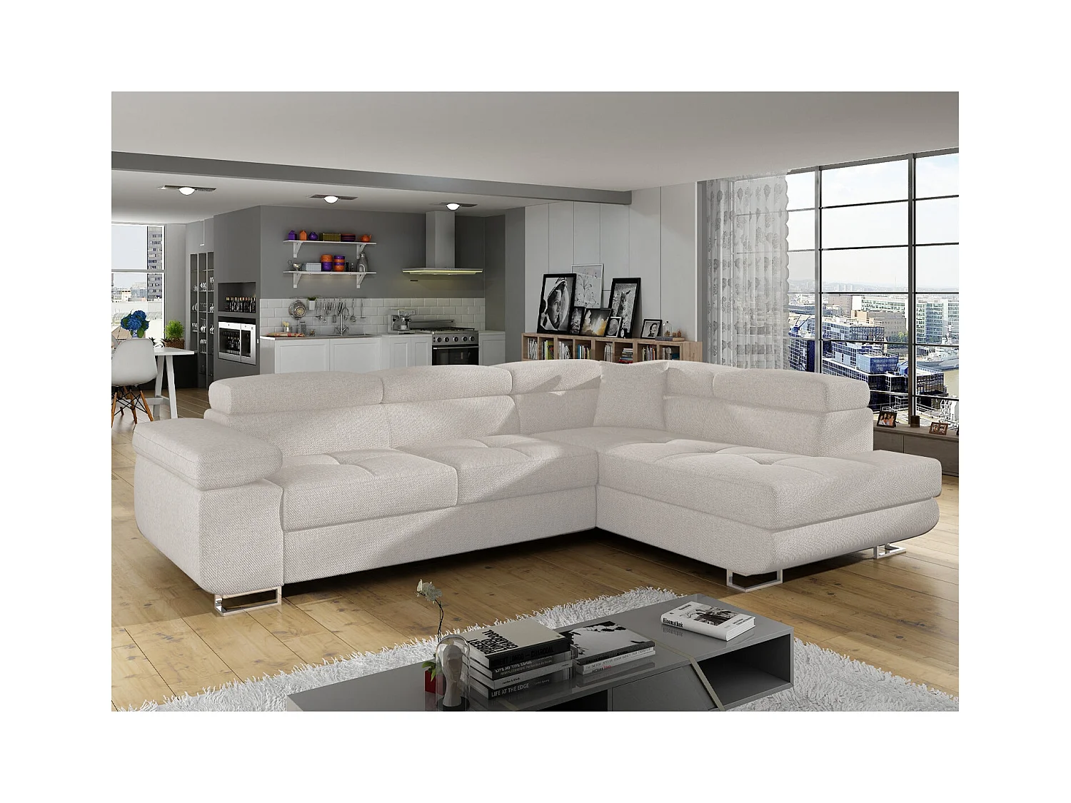 Canapé d'angle droit convertible Marius tissu Beige