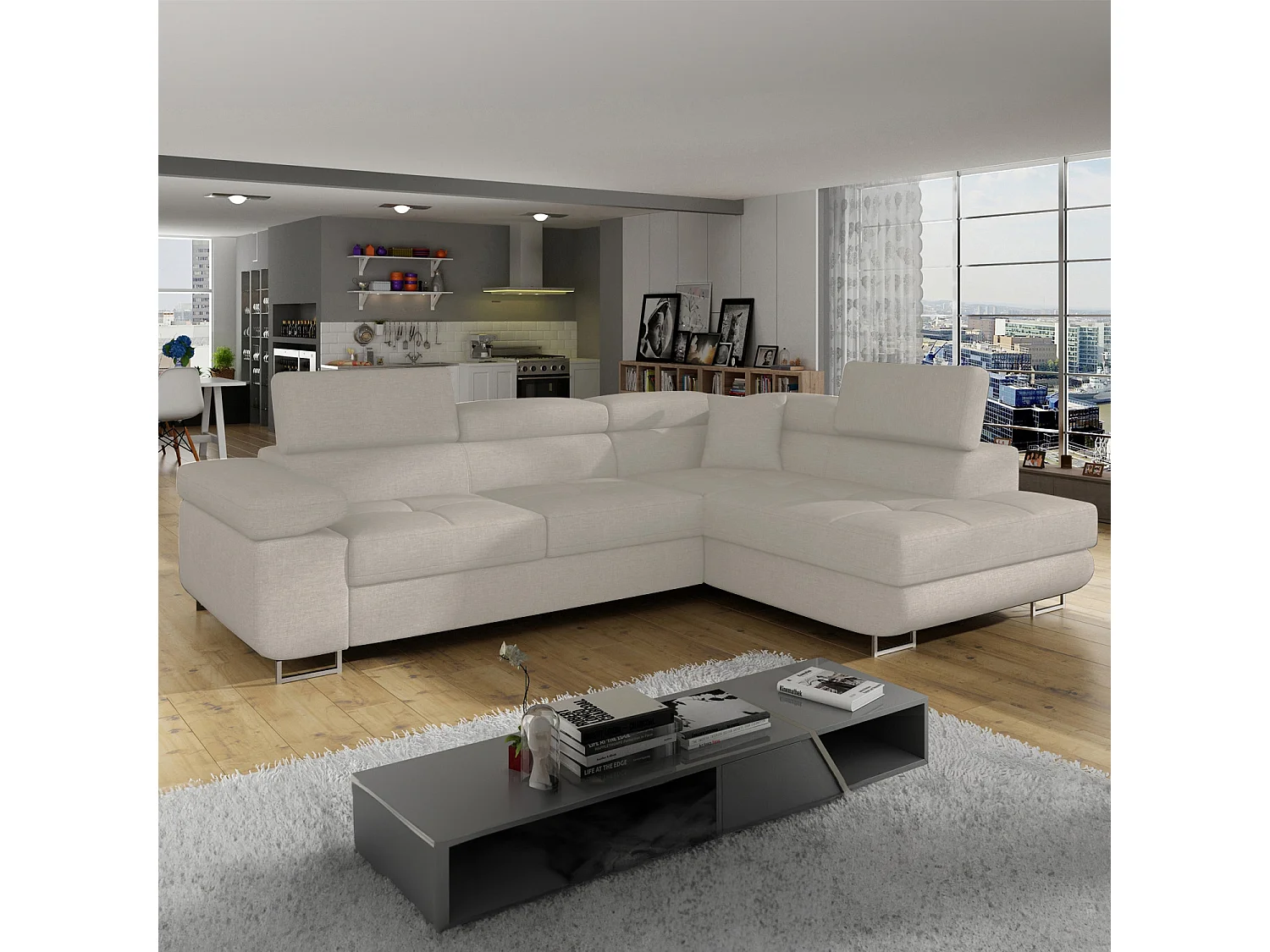 Canapé d'angle droit convertible Marius tissu Beige