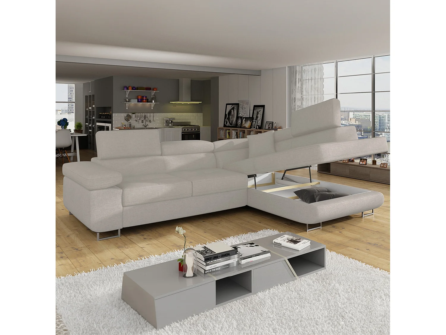 Canapé d'angle droit convertible Marius tissu Beige