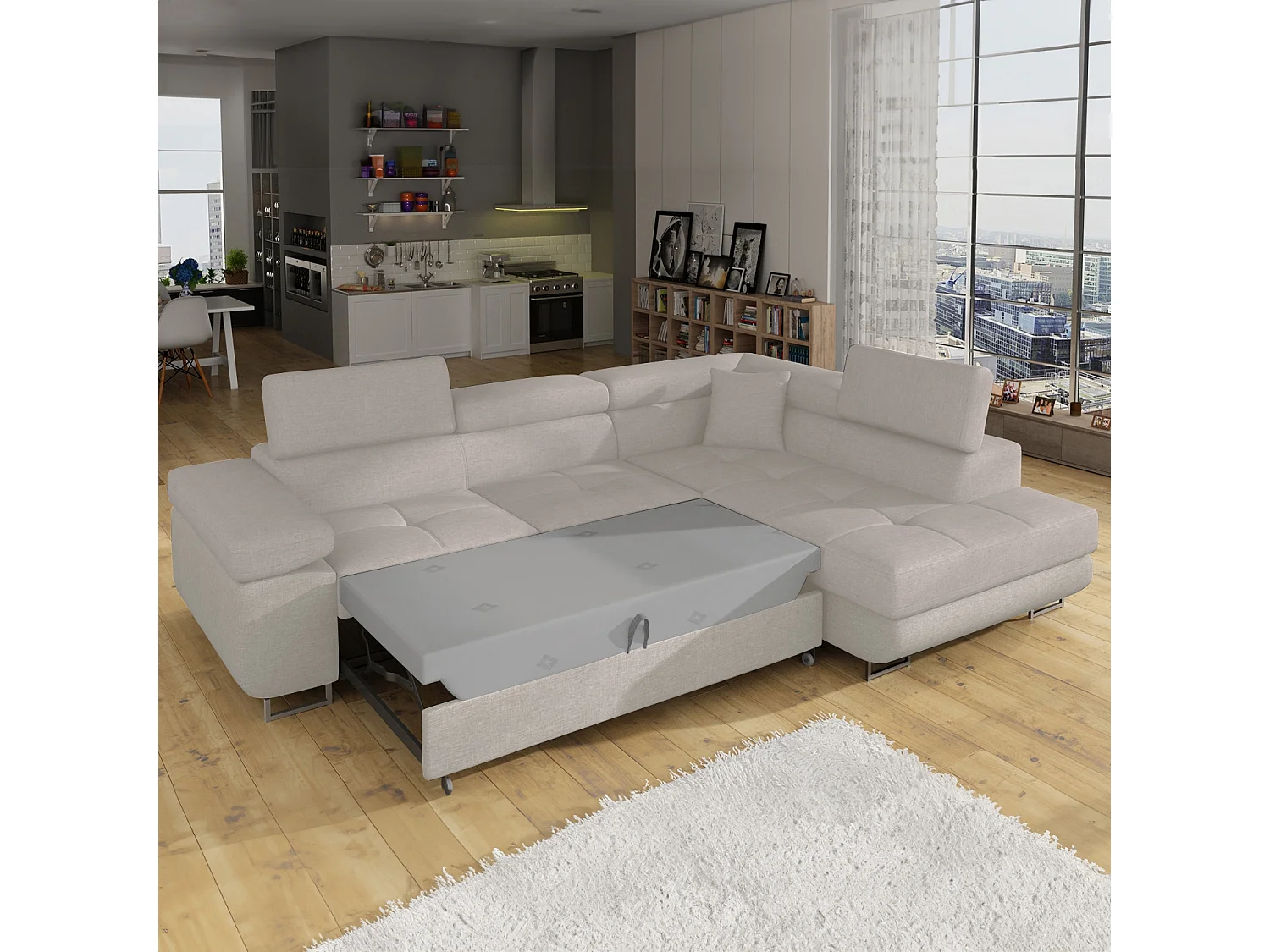 Canapé d'angle droit convertible Marius tissu Beige