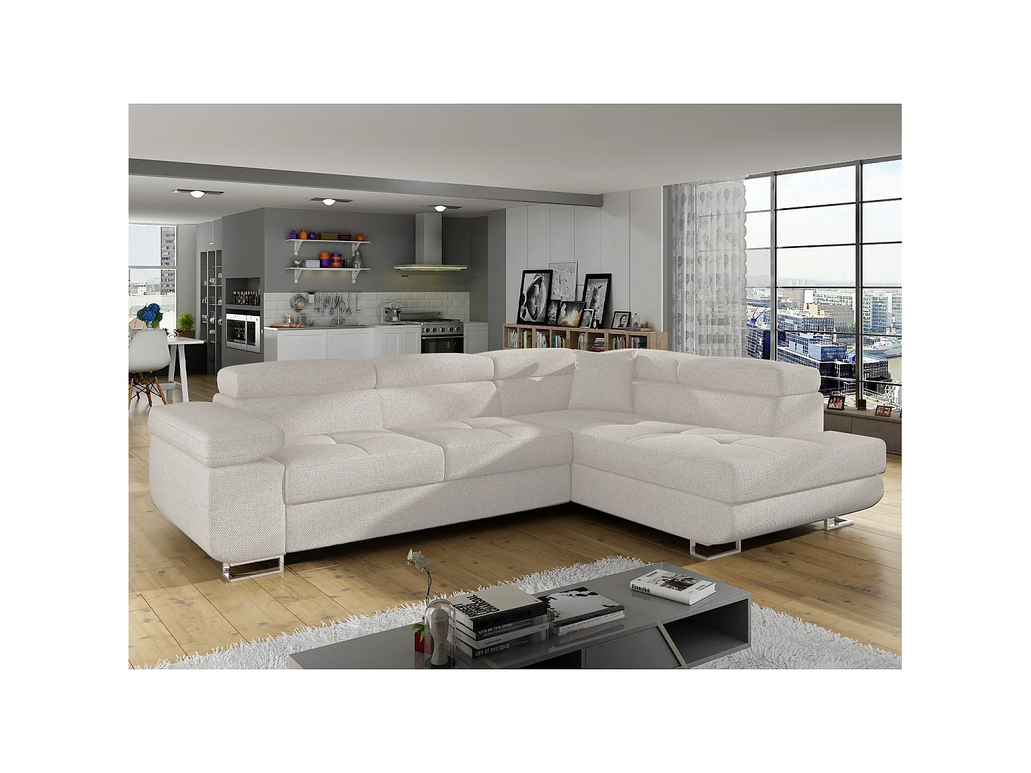 Canapé d'angle droit convertible Marius tissu Beige