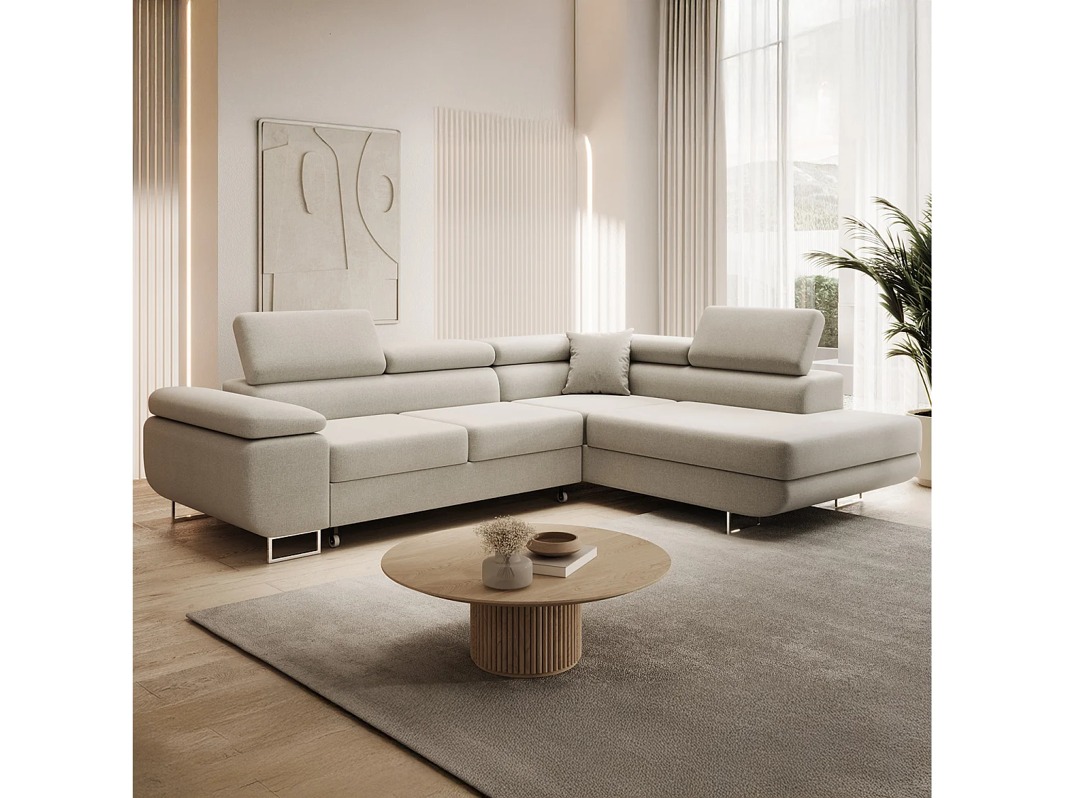 Canapé d'angle droit convertible Marius tissu Beige