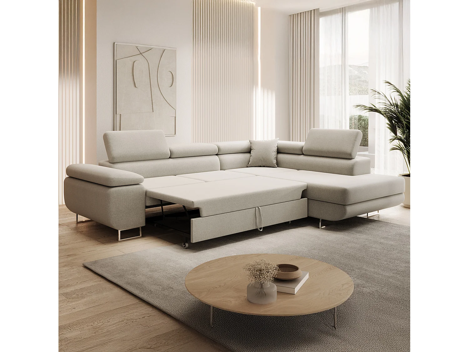 Canapé d'angle droit convertible Marius tissu Beige