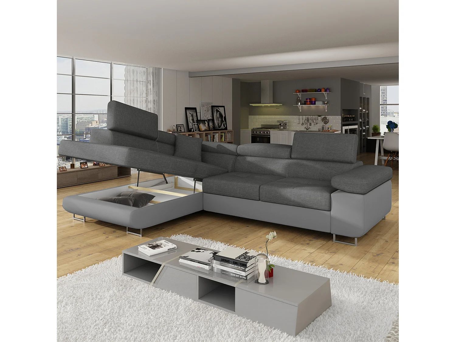 Canapé d'angle gauche convertible Marius Gris