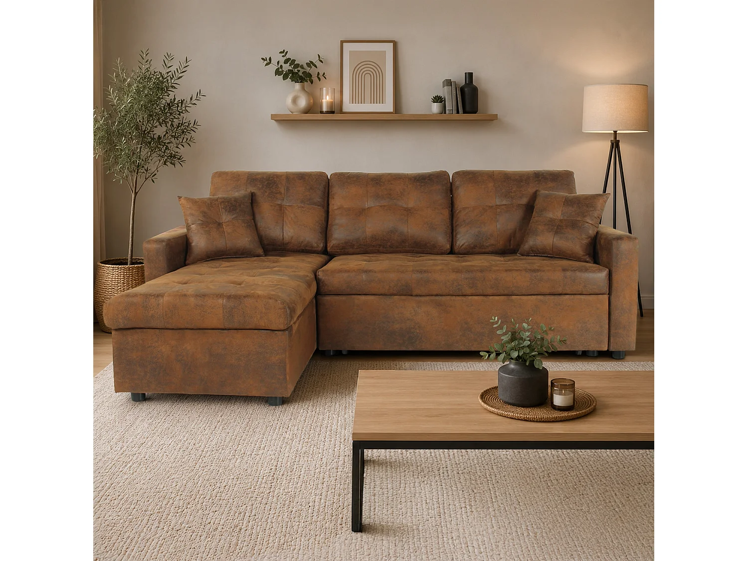 Canapé d'angle convertible 5 places en microfibre capitonné marron