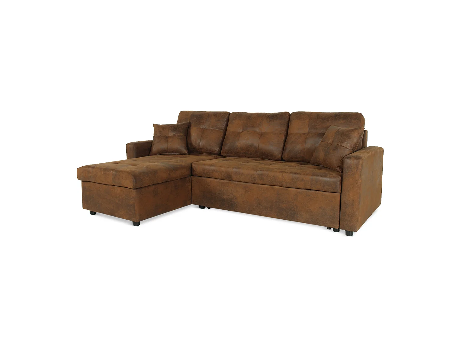 Canapé d'angle convertible 5 places en microfibre capitonné marron