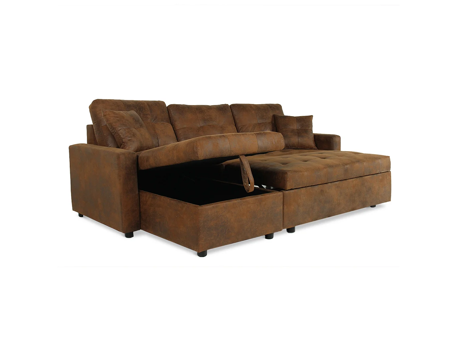 Canapé d'angle convertible 5 places en microfibre capitonné marron