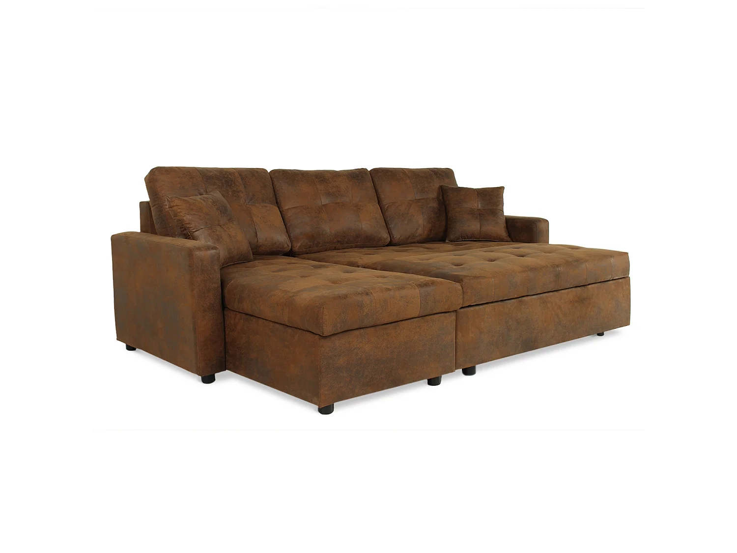 Canapé d'angle convertible 5 places en microfibre capitonné marron