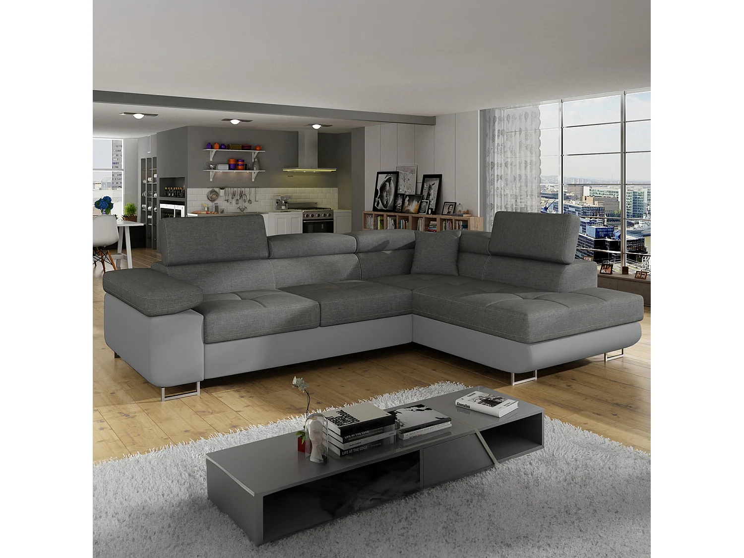 Canapé d'angle droit convertible Marius Gris