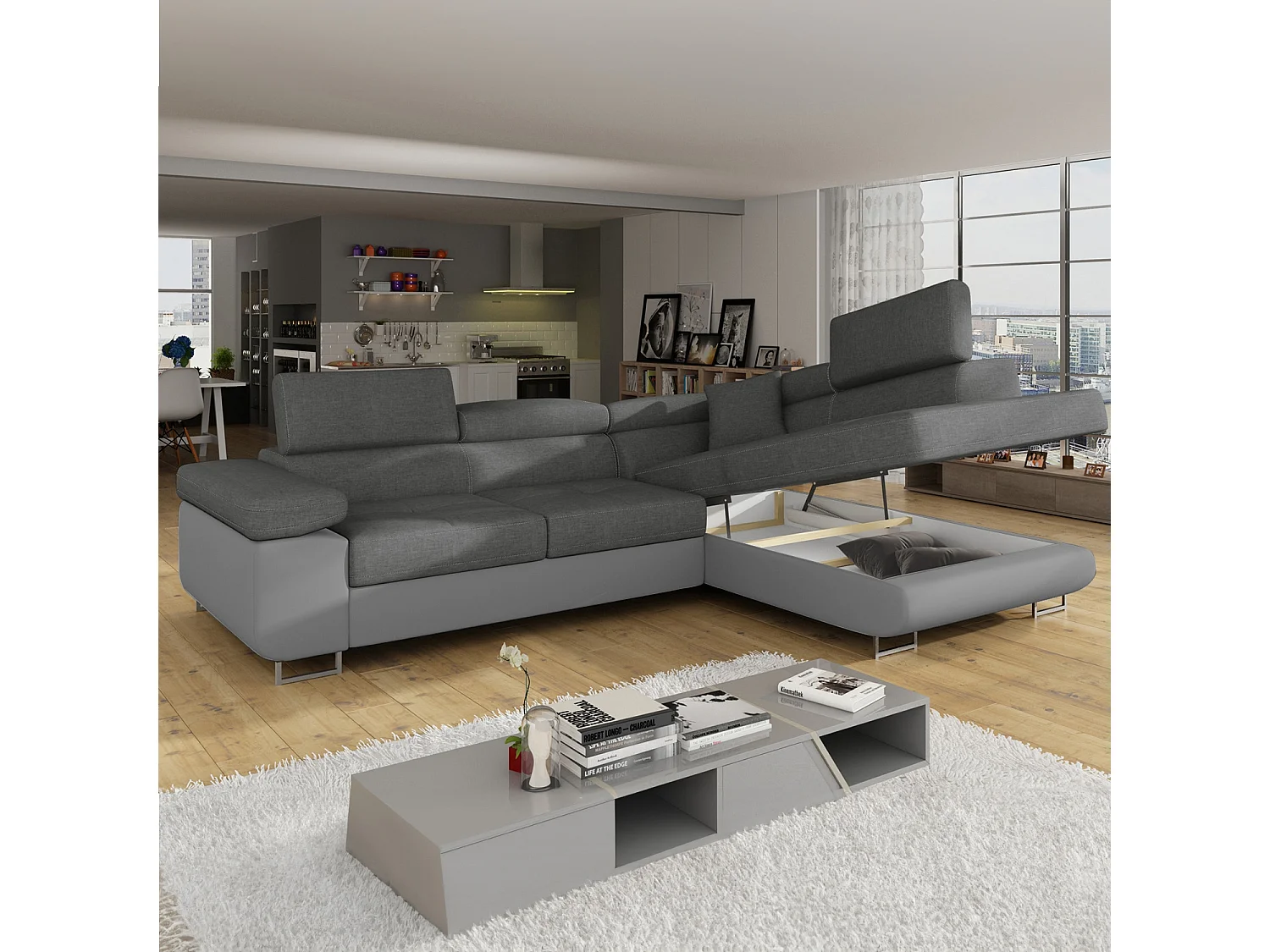 Canapé d'angle droit convertible Marius Gris