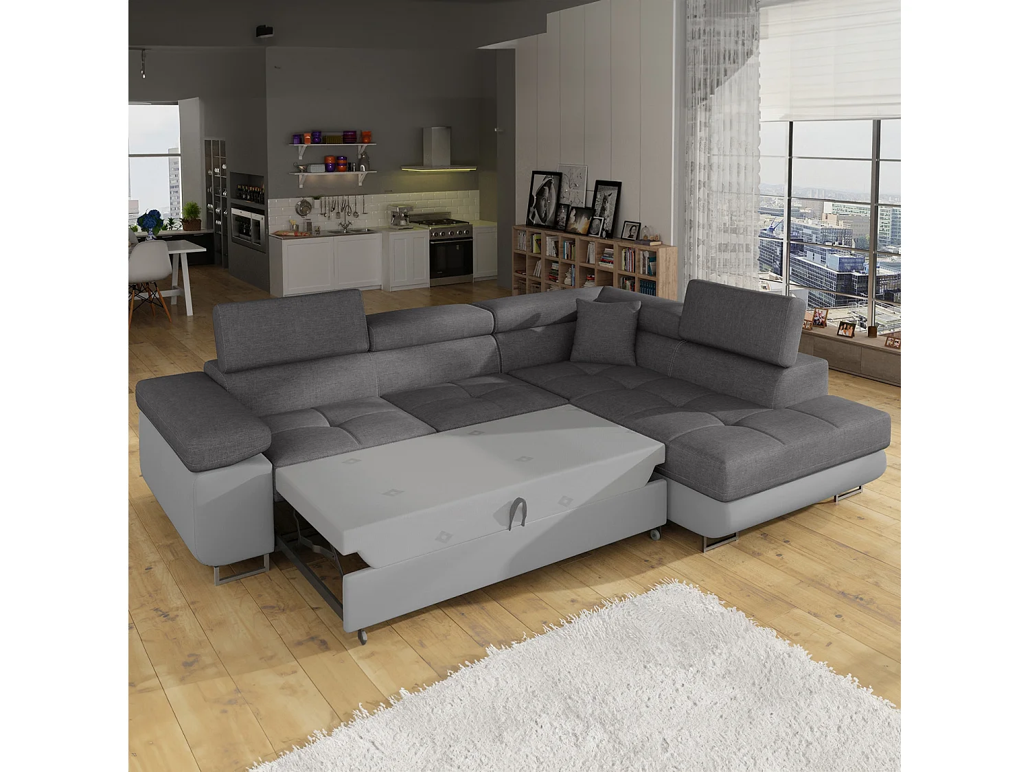 Canapé d'angle droit convertible Marius Gris