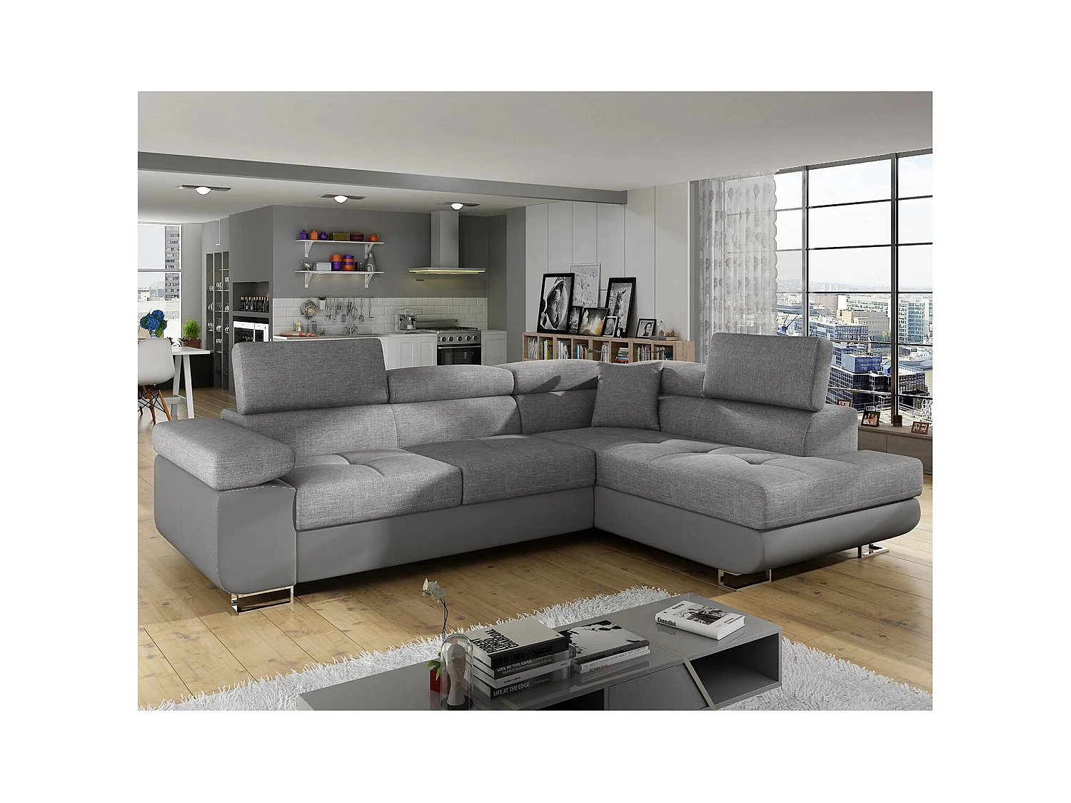 Canapé d'angle droit convertible Marius Gris