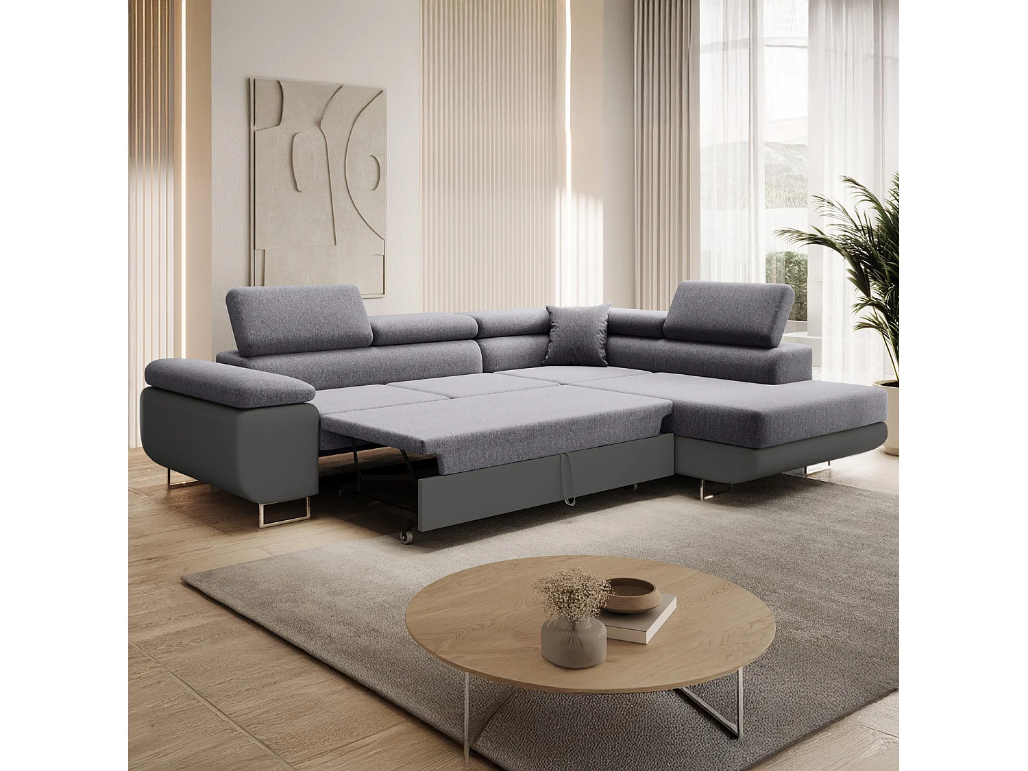 Canapé d'angle droit convertible Marius Gris