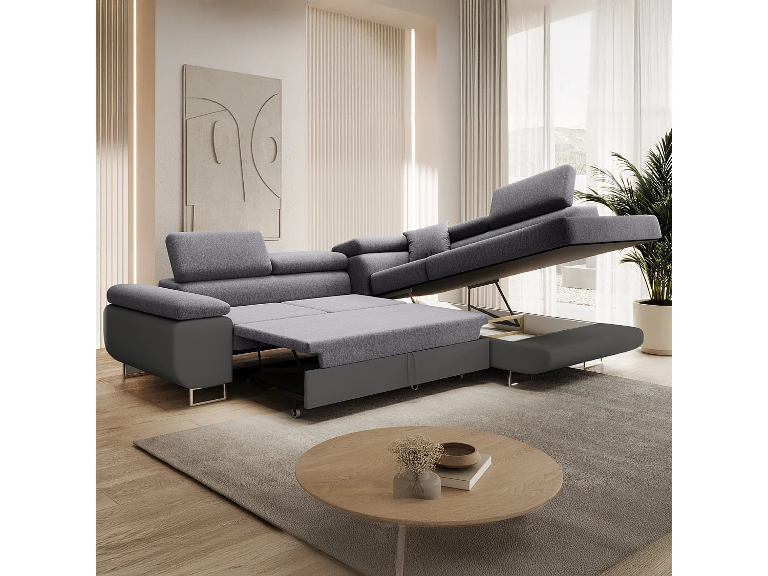 Canapé d'angle droit convertible Marius Gris