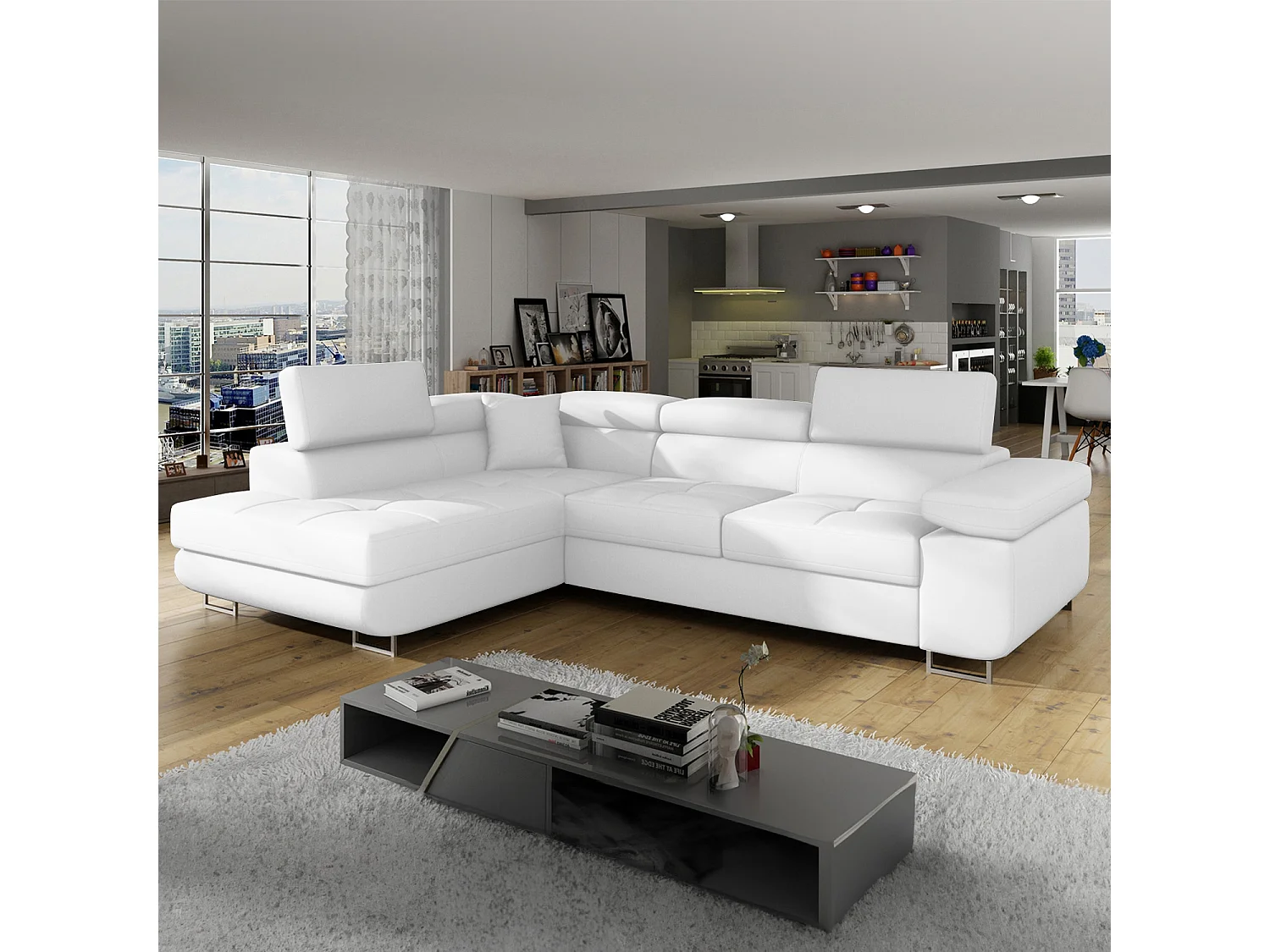 Canapé d'angle gauche convertible Marius Simili Blanc