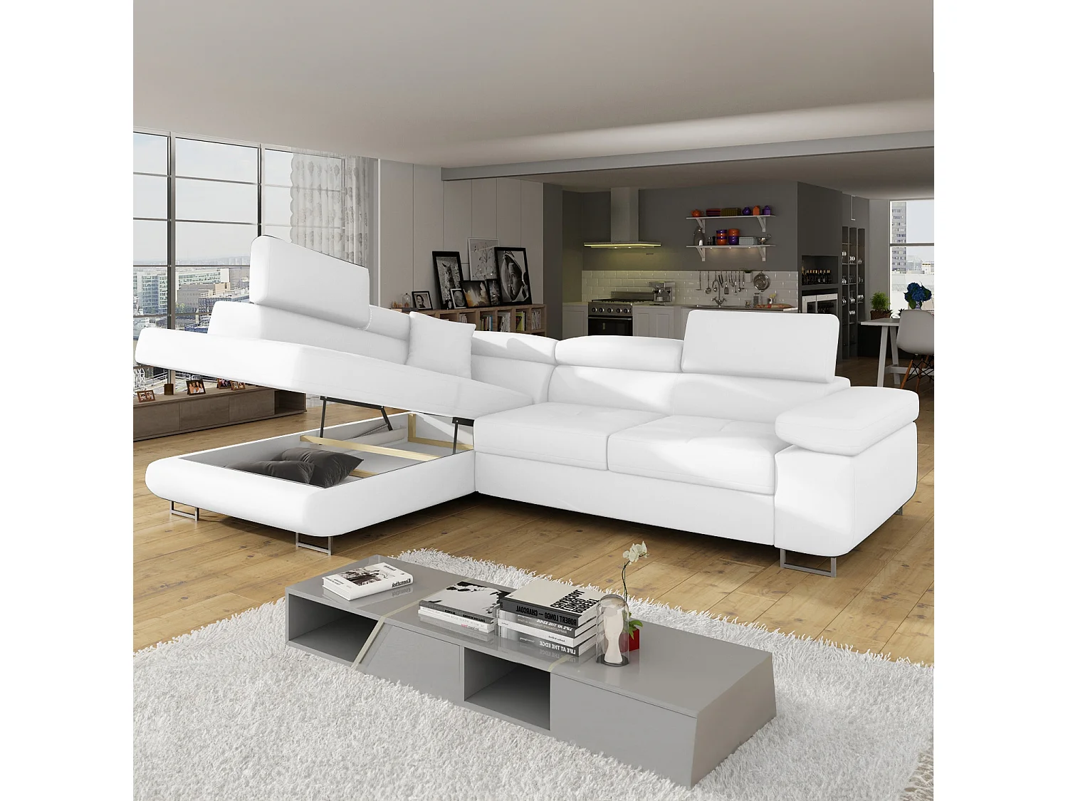 Canapé d'angle gauche convertible Marius Simili Blanc