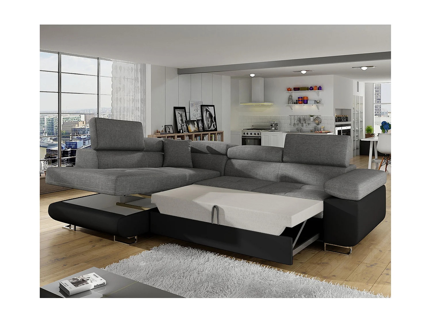 Canapé d'angle gauche convertible Marius Gris et Noir