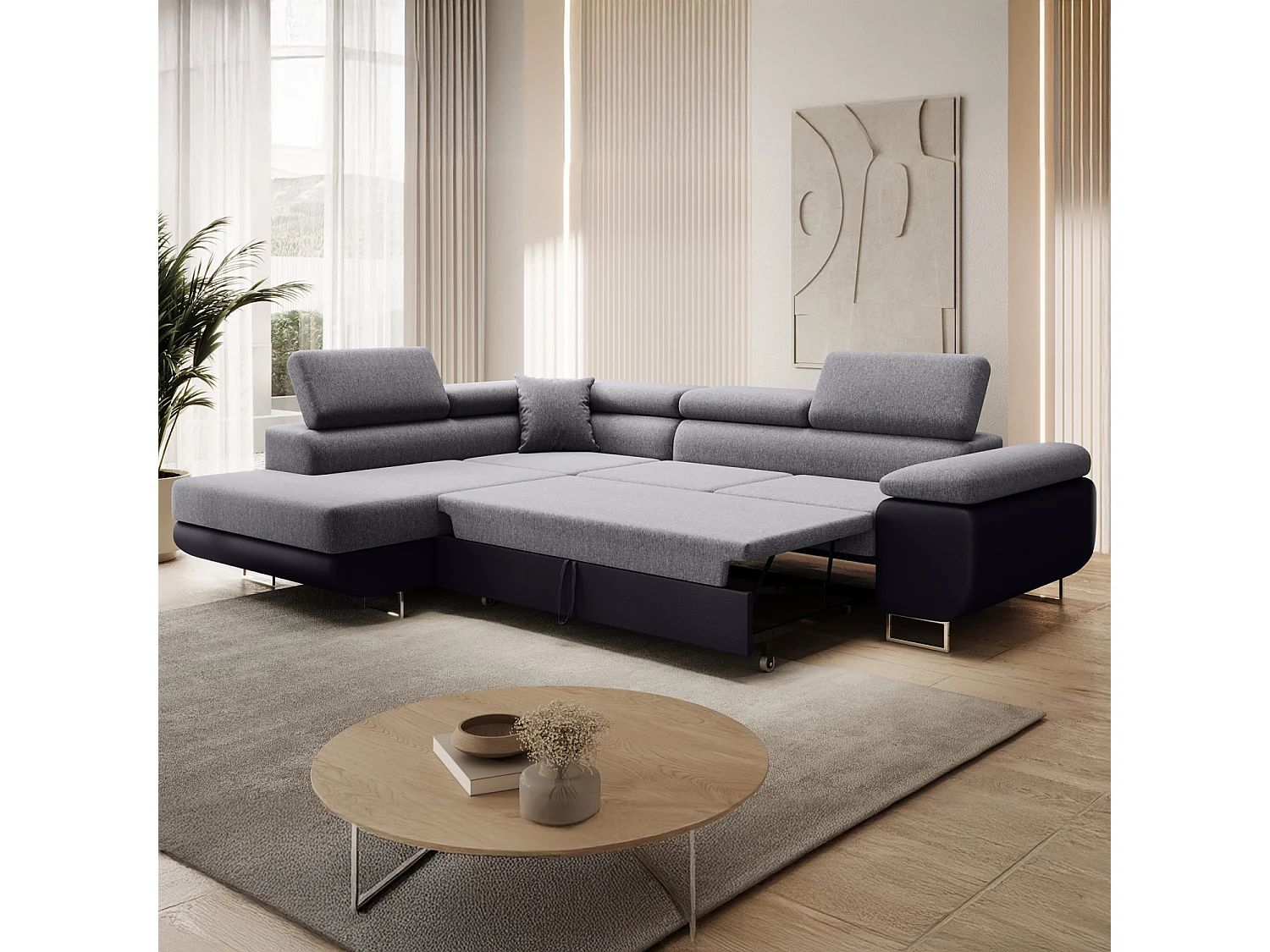 Canapé d'angle gauche convertible Marius Gris et Noir