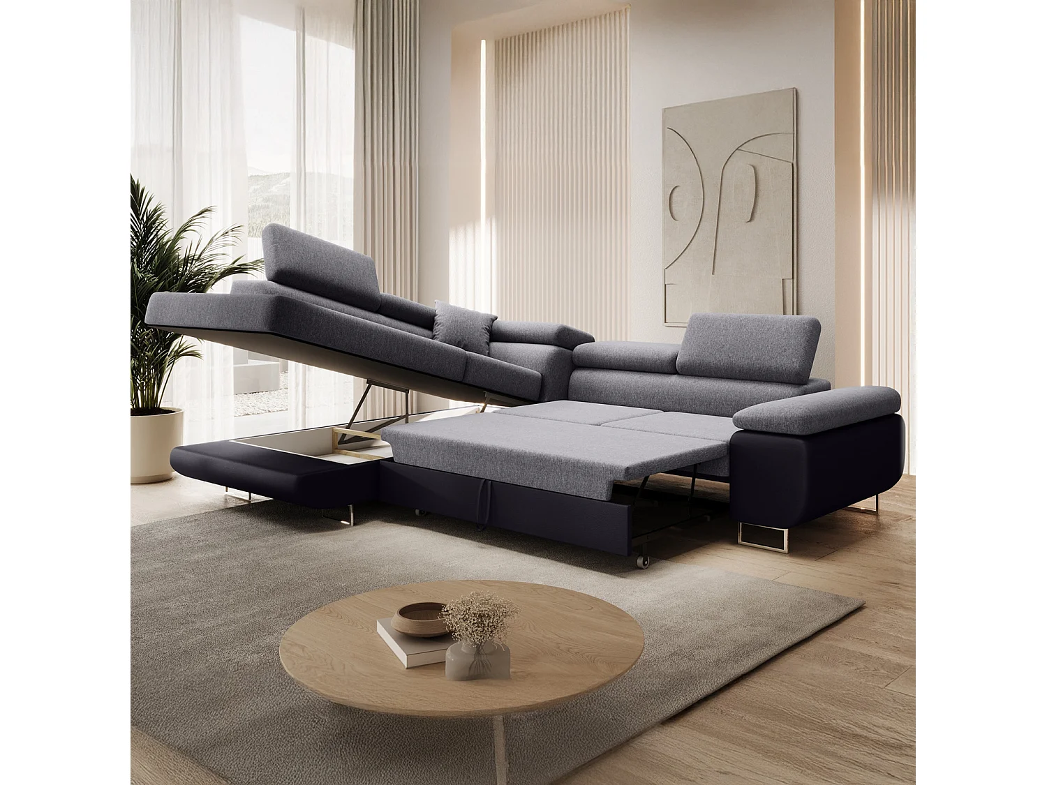 Canapé d'angle gauche convertible Marius Gris et Noir