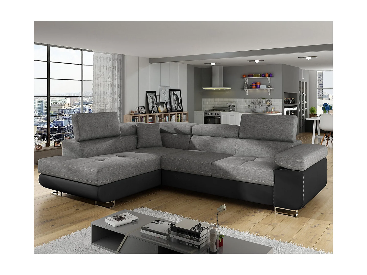 Canapé d'angle gauche convertible Marius Gris et Noir
