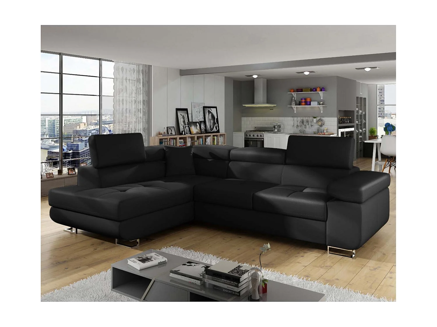 Canapé d'angle gauche convertible Marius Simili Noir