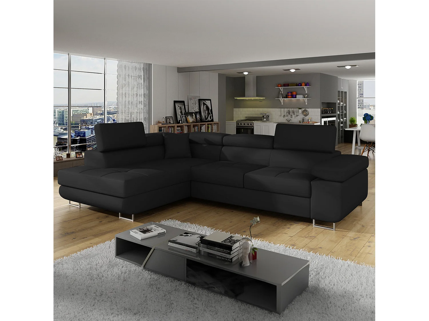 Canapé d'angle gauche convertible Marius Simili Noir