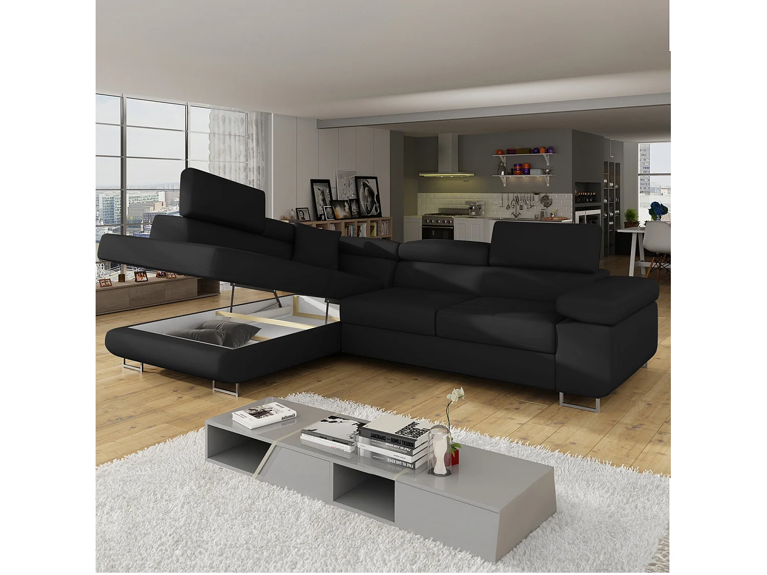 Canapé d'angle gauche convertible Marius Simili Noir