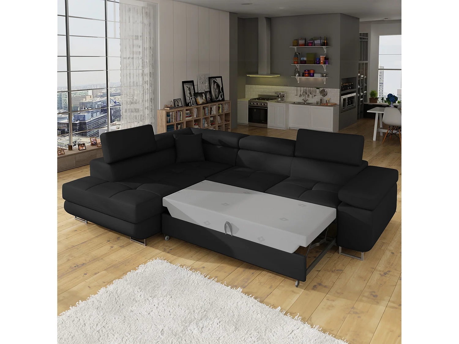 Canapé d'angle gauche convertible Marius Simili Noir
