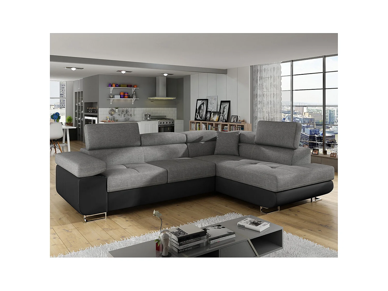 Canapé d'angle droit convertible Marius Gris et Noir