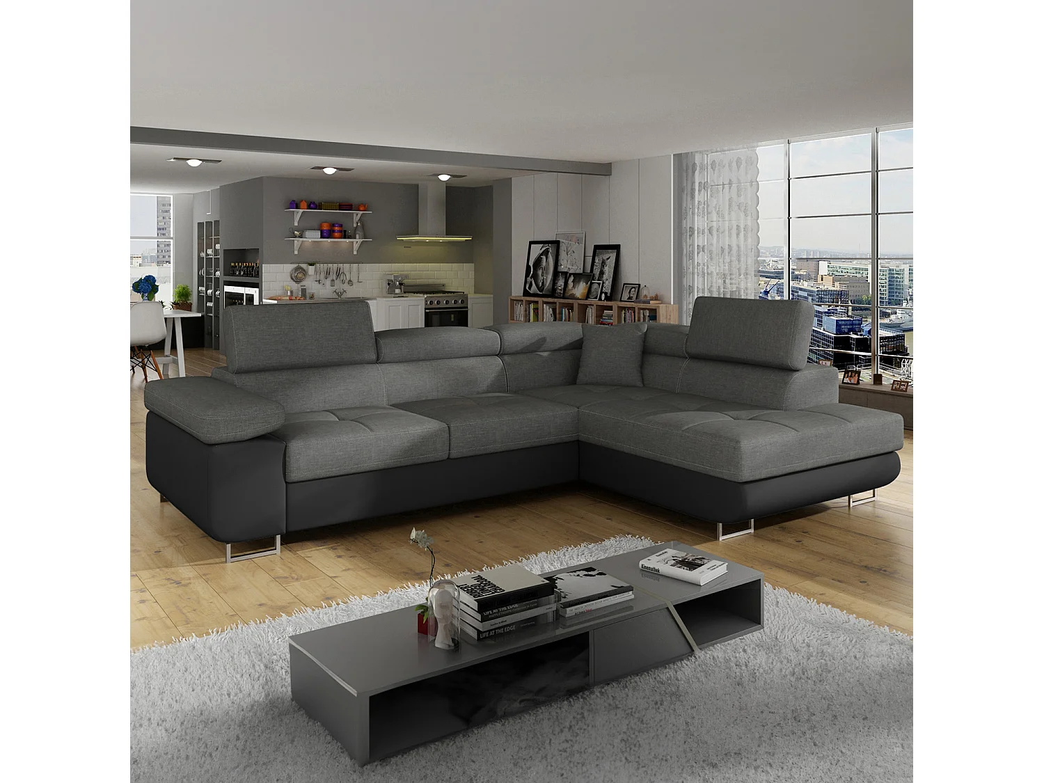Canapé d'angle droit convertible Marius Gris et Noir