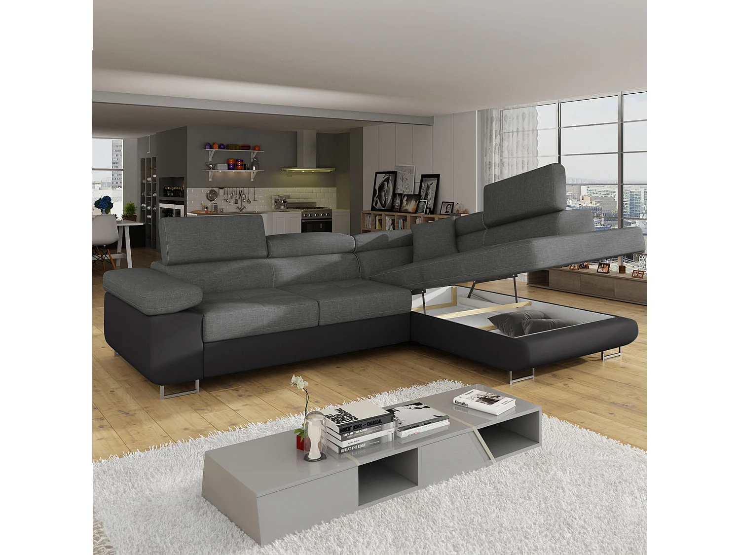 Canapé d'angle droit convertible Marius Gris et Noir