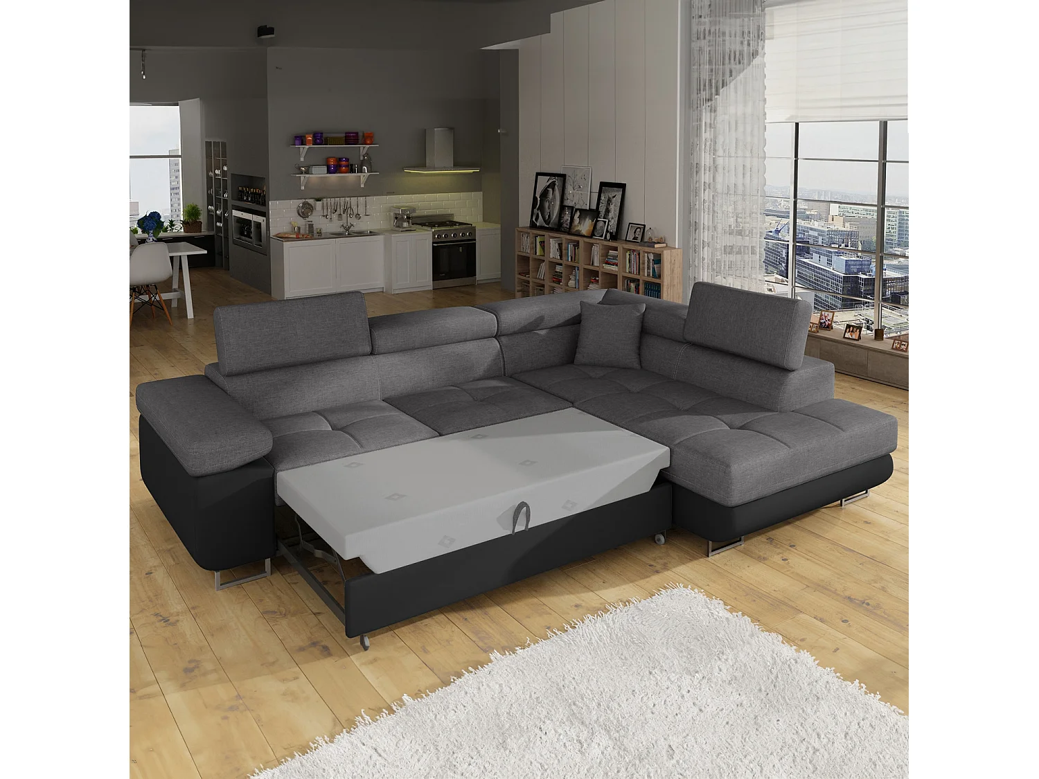 Canapé d'angle droit convertible Marius Gris et Noir