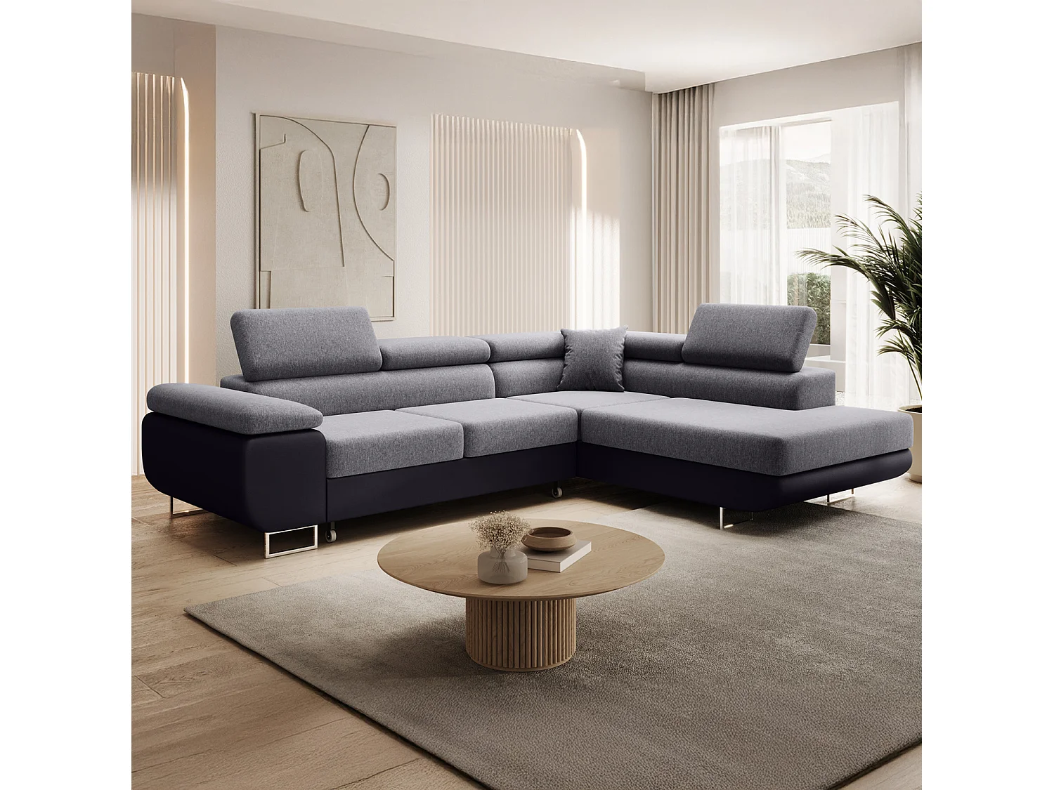 Canapé d'angle droit convertible Marius Gris et Noir