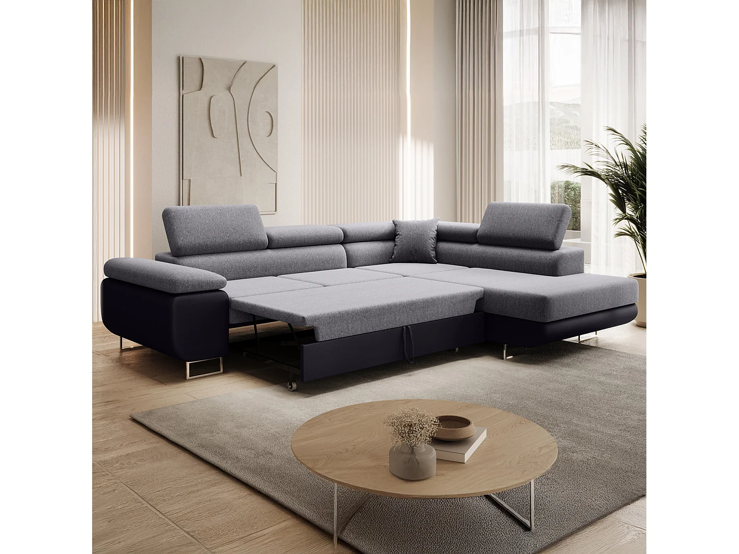 Canapé d'angle droit convertible Marius Gris et Noir