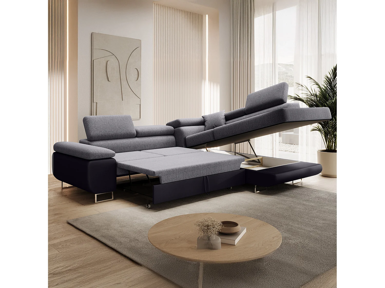 Canapé d'angle droit convertible Marius Gris et Noir