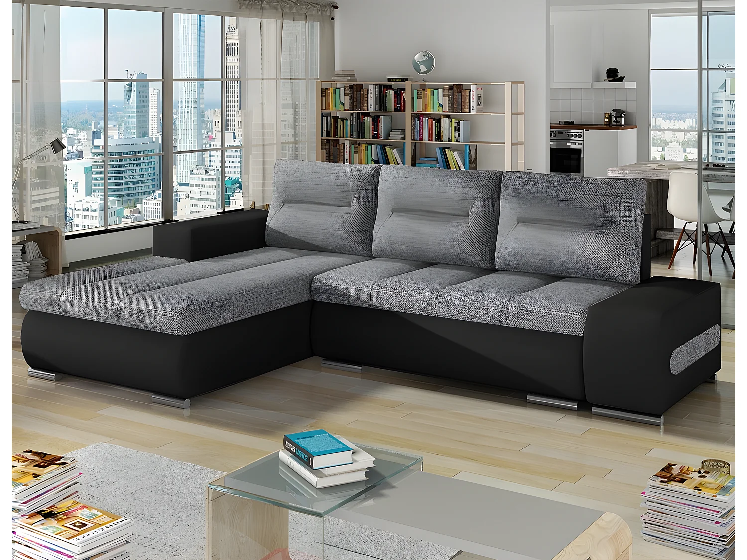 Canapé d'angle gauche convertible Santiago Gris et Noir