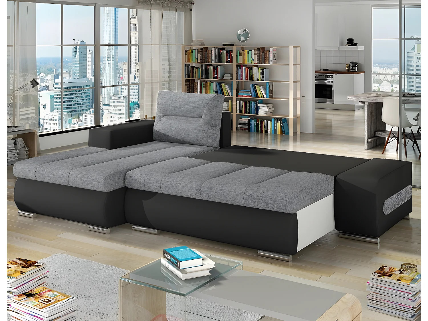 Canapé d'angle gauche convertible Santiago Gris et Noir