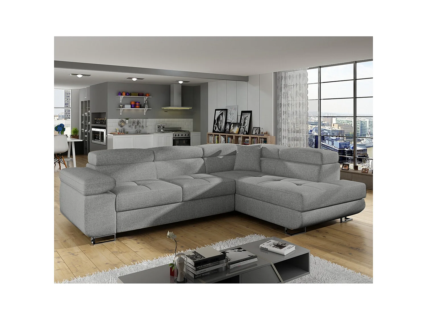Canapé d'angle droit convertible Marius tissu Gris