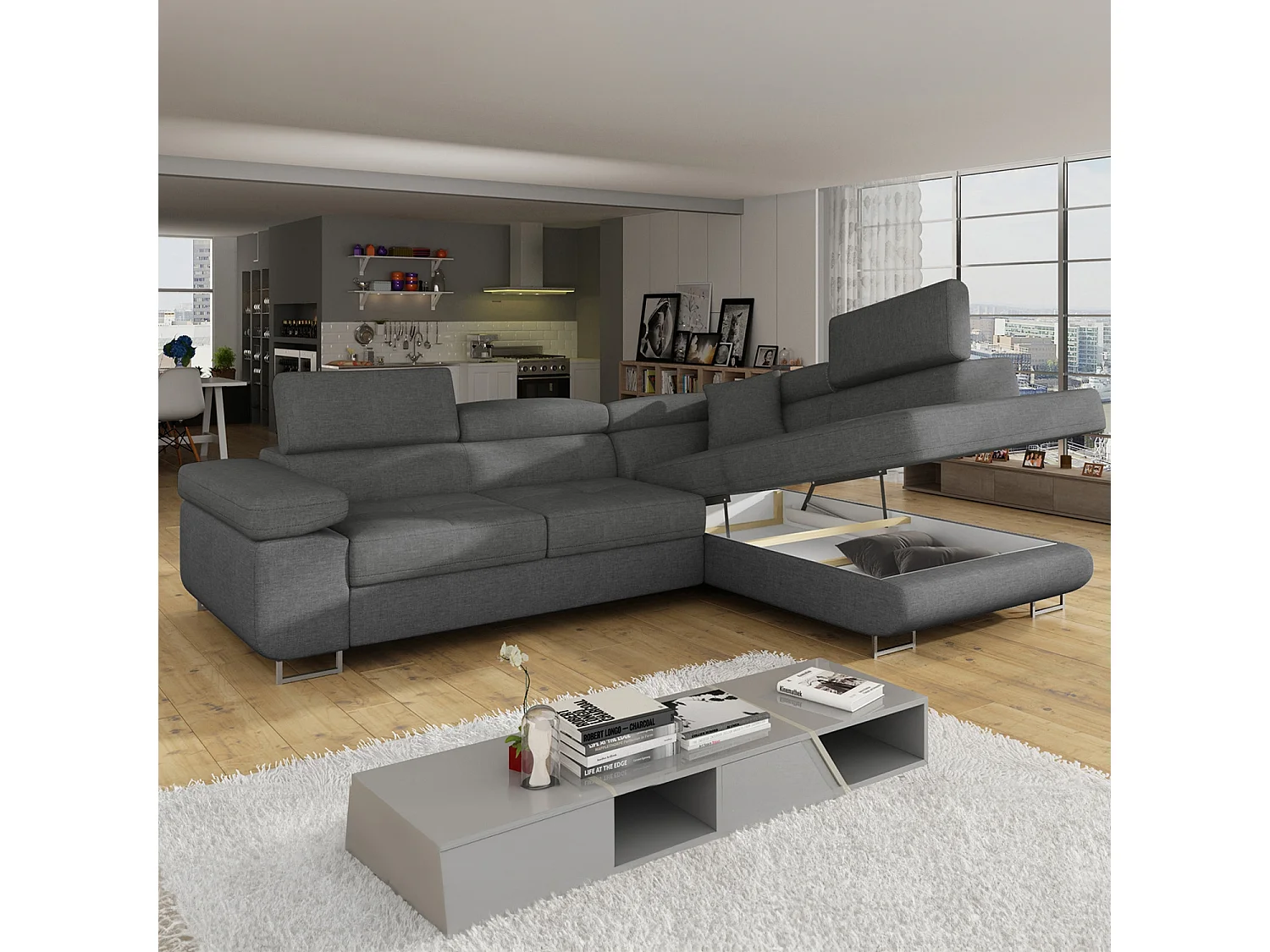 Canapé d'angle droit convertible Marius tissu Gris