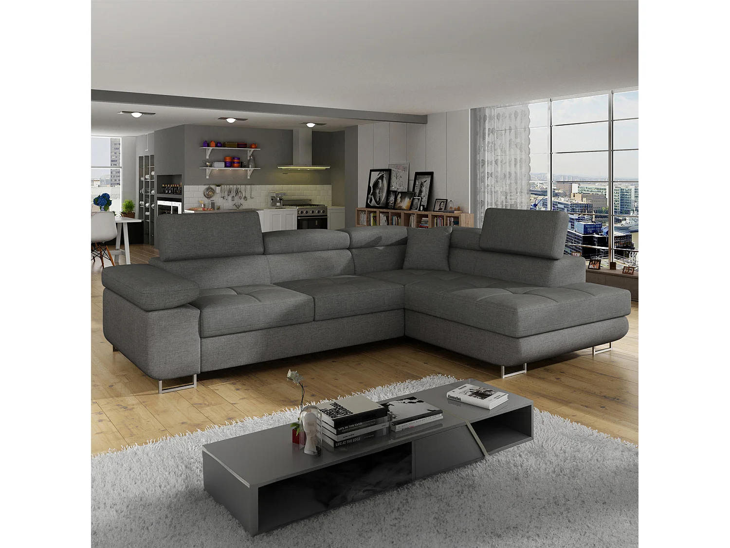 Canapé d'angle droit convertible Marius tissu Gris